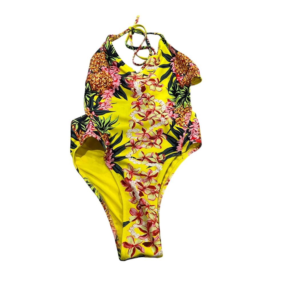 Zara Yellow Tropical Deep V One Piece Swimsuit - Size Small - Picture 1 of 5